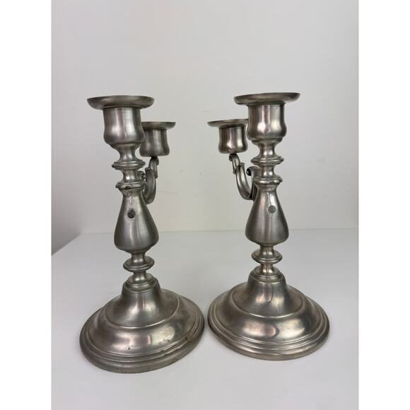 Vintage American Pewter Silver Stainless Steel Decor 2 Candle Holder Stick Set - Picture 4 of 12
